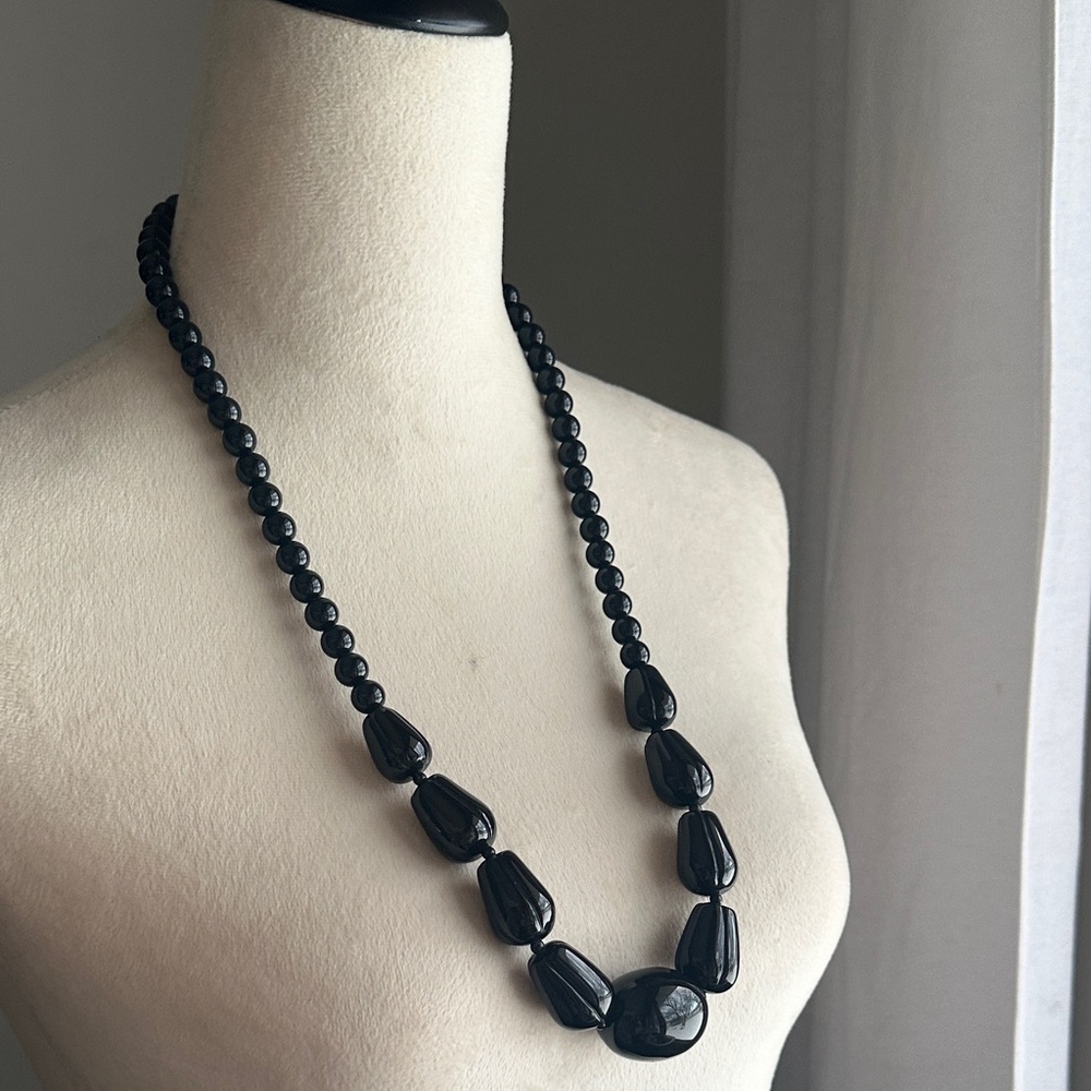 Vintage Acrylic Statement Black Beaded Long Necklace